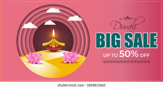 Vector Diwali Big Sale Banner, upto 50% off, Indian festival of lights, diya and lotus on beautiful paper cut background, offer label template for website.