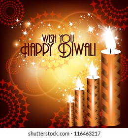 Vector Diwali card design with shiny colorful candle in brown color background.