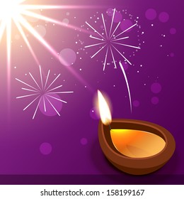 diseño vectorial diwali diya con fuegos artificiales