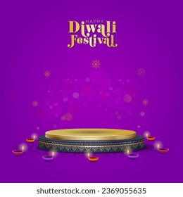 Vector Diwali festival poster background. 3d Podium, Stage Design. Indian traditional Diya Lamp lights and sparkle background.