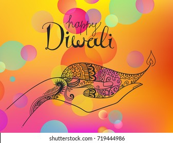 Vector diwali hand drawn illustration. Line art decorated colorful hands holding diya