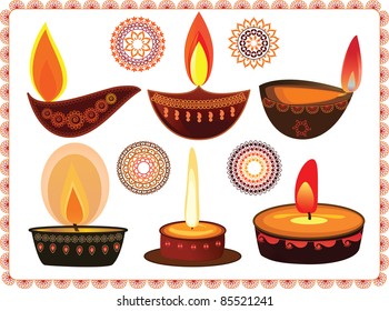 Vector Diwali Oil Lamps with Mandala Design - Very Detailed and easily editable