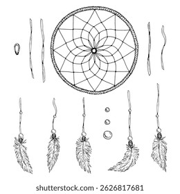 Vector DIY dreamcatcher kit in black and white ink style. Includes frame, beads, cords, feathers. Perfect for crafting, scrapbooking, handmade projects, boho decor, and printable creative templates.
