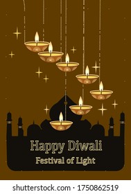 Vector Diya lamp card with fire for Diwali ,The festival of light concept arrange on candle holder, Deepavali or Dipavali lantern on black background