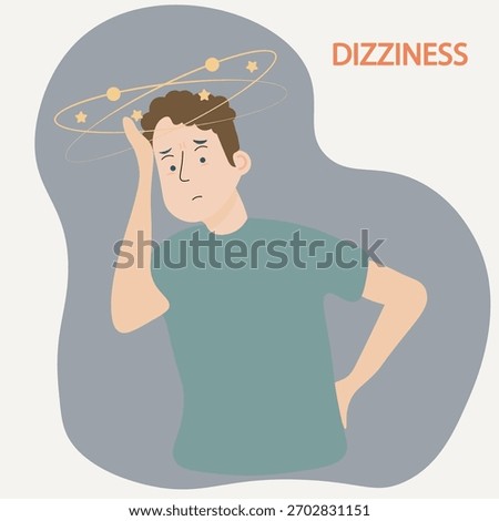 Vector of dizziness lightheadedness showing imbalance, faint feeling, blurred vision symptoms like vertigo, nausea; similar to anemia, dehydration, low BP.