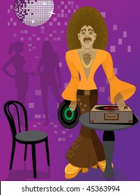 Vector DJ with Afro hairstyle playing vinyl LP records. DJ is wearing Bell Bottom Pants. Retro Disco ball and highlights. Ladies and background in shades of purple