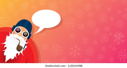 vector DJ rock n roll santa claus with smoking pipe, santa beard and funky hat isolated on pink christmas horizontal banner background with snowflakes. Horizontal Christmas hipster party poster