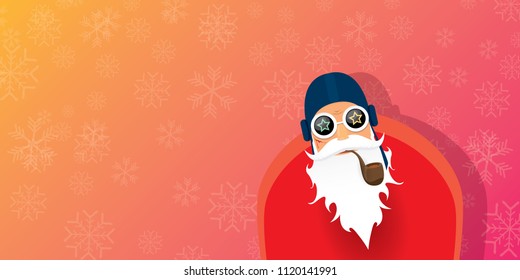 vector DJ rock n roll santa claus with smoking pipe, santa beard and funky hat isolated on pink christmas horizontal banner background with snowflakes. Horizontal Christmas hipster party poster