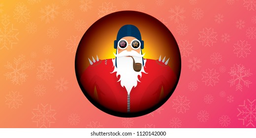 vector DJ rock n roll santa claus with smoking pipe, santa beard and funky hat isolated on pink christmas horizontal banner background with snowflakes. Horizontal Christmas hipster party poster