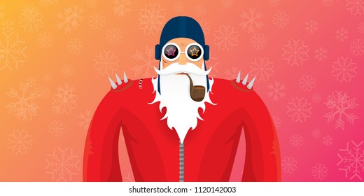 vector DJ rock n roll santa claus with smoking pipe, santa beard and funky hat isolated on pink christmas horizontal banner background with snowflakes. Horizontal Christmas hipster party poster