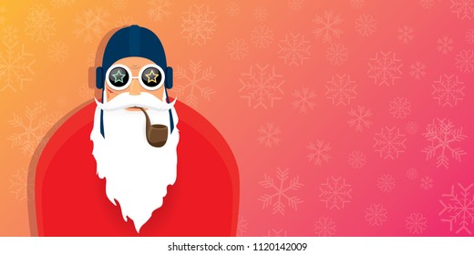 vector DJ rock n roll santa claus with smoking pipe, santa beard and funky hat isolated on pink christmas horizontal banner background with snowflakes. Horizontal Christmas hipster party poster