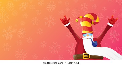 vector DJ rock n roll santa claus with smoking pipe, santa beard and funky hat isolated on pink christmas horizontal banner background with snowflakes. Horizontal Christmas hipster party poster