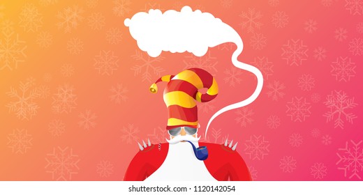 vector DJ rock n roll santa claus with smoking pipe, santa beard and funky hat isolated on pink christmas horizontal banner background with snowflakes. Horizontal Christmas hipster party poster