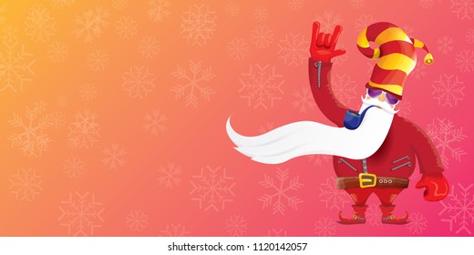 vector DJ rock n roll santa claus with smoking pipe, santa beard and funky hat isolated on pink christmas horizontal banner background with snowflakes. Horizontal Christmas hipster party poster