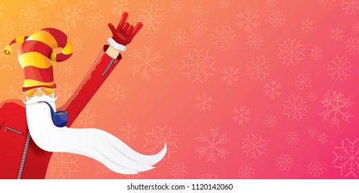 vector DJ rock n roll santa claus with smoking pipe, santa beard and funky hat isolated on pink christmas horizontal banner background with snowflakes. Horizontal Christmas hipster party poster