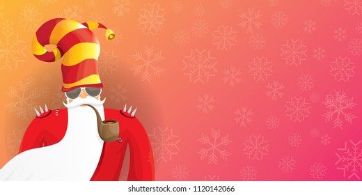 vector DJ rock n roll santa claus with smoking pipe, santa beard and funky hat isolated on pink christmas horizontal banner background with snowflakes. Horizontal Christmas hipster party poster