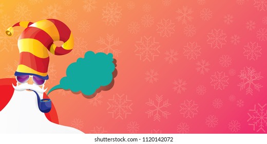 vector DJ rock n roll santa claus with smoking pipe, santa beard and funky hat isolated on pink christmas horizontal banner background with snowflakes. Horizontal Christmas hipster party poster
