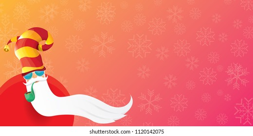 vector DJ rock n roll santa claus with smoking pipe, santa beard and funky hat isolated on pink christmas horizontal banner background with snowflakes. Horizontal Christmas hipster party poster