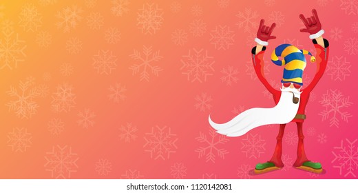 vector DJ rock n roll santa claus with smoking pipe, santa beard and funky hat isolated on pink christmas horizontal banner background with snowflakes. Horizontal Christmas hipster party poster