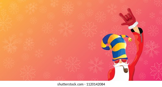 vector DJ rock n roll santa claus with smoking pipe, santa beard and funky hat isolated on pink christmas horizontal banner background with snowflakes. Horizontal Christmas hipster party poster