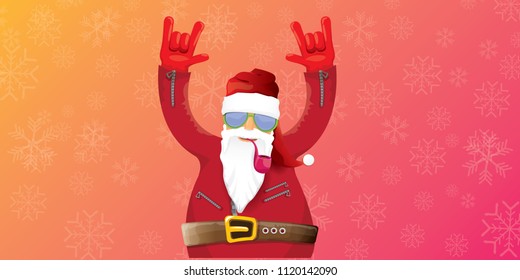 vector DJ rock n roll santa claus with smoking pipe, santa beard and funky hat isolated on pink christmas horizontal banner background with snowflakes. Horizontal Christmas hipster party poster