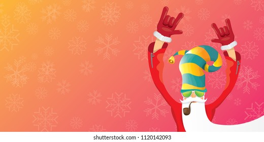 vector DJ rock n roll santa claus with smoking pipe, santa beard and funky hat isolated on pink christmas horizontal banner background with snowflakes. Horizontal Christmas hipster party poster