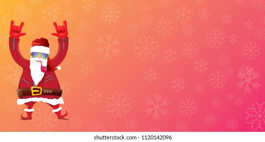 vector DJ rock n roll santa claus with smoking pipe, santa beard and funky hat isolated on pink christmas horizontal banner background with snowflakes. Horizontal Christmas hipster party poster