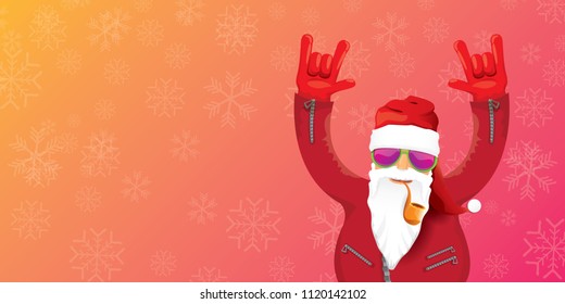 vector DJ rock n roll santa claus with smoking pipe, santa beard and funky hat isolated on pink christmas horizontal banner background with snowflakes. Horizontal Christmas hipster party poster