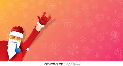 vector DJ rock n roll santa claus with smoking pipe, santa beard and funky hat isolated on pink christmas horizontal banner background with snowflakes. Horizontal Christmas hipster party poster