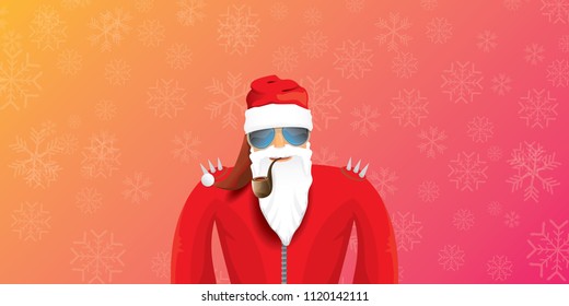vector DJ rock n roll santa claus with smoking pipe, santa beard and funky hat isolated on pink christmas horizontal banner background with snowflakes. Horizontal Christmas hipster party poster