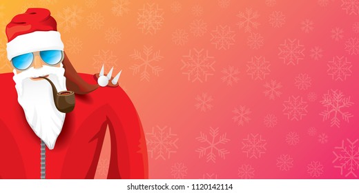 vector DJ rock n roll santa claus with smoking pipe, santa beard and funky hat isolated on pink christmas horizontal banner background with snowflakes. Horizontal Christmas hipster party poster