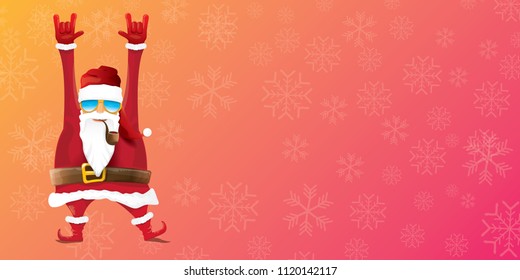 vector DJ rock n roll santa claus with smoking pipe, santa beard and funky hat isolated on pink christmas horizontal banner background with snowflakes. Horizontal Christmas hipster party poster