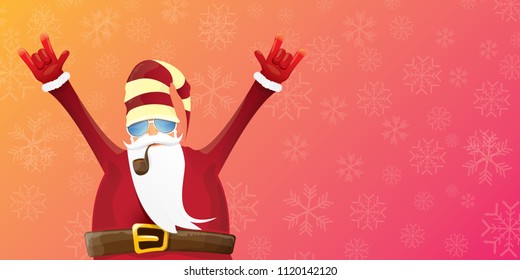vector DJ rock n roll santa claus with smoking pipe, santa beard and funky hat isolated on pink christmas horizontal banner background with snowflakes. Horizontal Christmas hipster party poster