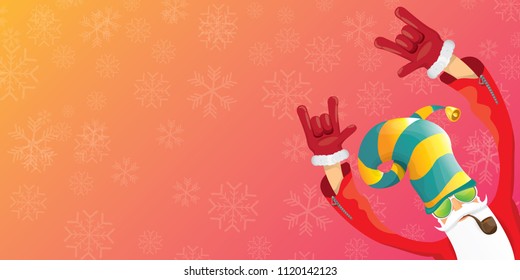 vector DJ rock n roll santa claus with smoking pipe, santa beard and funky hat isolated on pink christmas horizontal banner background with snowflakes. Horizontal Christmas hipster party poster