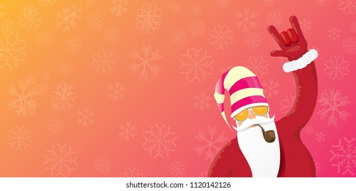 vector DJ rock n roll santa claus with smoking pipe, santa beard and funky hat isolated on pink christmas horizontal banner background with snowflakes. Horizontal Christmas hipster party poster