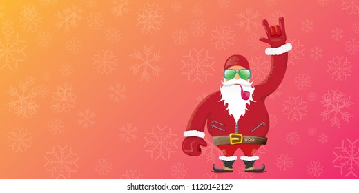 vector DJ rock n roll santa claus with smoking pipe, santa beard and funky hat isolated on pink christmas horizontal banner background with snowflakes. Horizontal Christmas hipster party poster