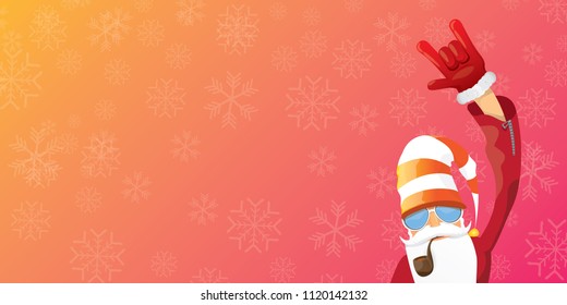 vector DJ rock n roll santa claus with smoking pipe, santa beard and funky hat isolated on pink christmas horizontal banner background with snowflakes. Horizontal Christmas hipster party poster