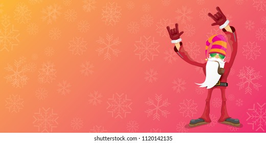 vector DJ rock n roll santa claus with smoking pipe, santa beard and funky hat isolated on pink christmas horizontal banner background with snowflakes. Horizontal Christmas hipster party poster