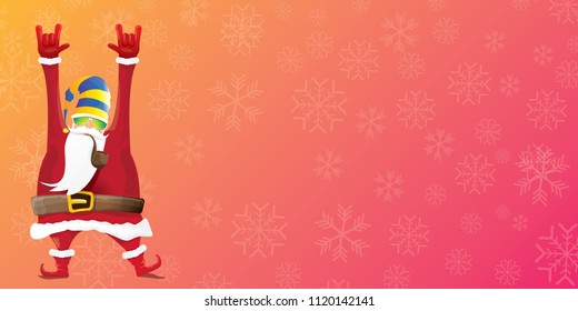 vector DJ rock n roll santa claus with smoking pipe, santa beard and funky hat isolated on pink christmas horizontal banner background with snowflakes. Horizontal Christmas hipster party poster