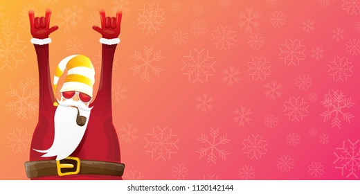 vector DJ rock n roll santa claus with smoking pipe, santa beard and funky hat isolated on pink christmas horizontal banner background with snowflakes. Horizontal Christmas hipster party poster