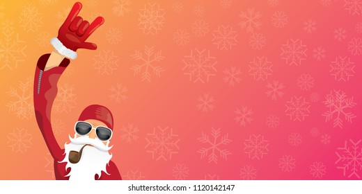 vector DJ rock n roll santa claus with smoking pipe, santa beard and funky hat isolated on pink christmas horizontal banner background with snowflakes. Horizontal Christmas hipster party poster