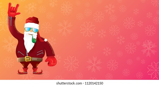 vector DJ rock n roll santa claus with smoking pipe, santa beard and funky hat isolated on pink christmas horizontal banner background with snowflakes. Horizontal Christmas hipster party poster