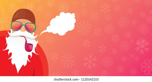vector DJ rock n roll santa claus with smoking pipe, santa beard and funky hat isolated on pink christmas horizontal banner background with snowflakes. Horizontal Christmas hipster party poster