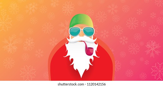 vector DJ rock n roll santa claus with smoking pipe, santa beard and funky hat isolated on pink christmas horizontal banner background with snowflakes. Horizontal Christmas hipster party poster