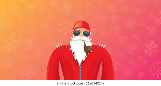 vector DJ rock n roll santa claus with smoking pipe, santa beard and funky hat isolated on pink christmas horizontal banner background with snowflakes. Horizontal Christmas hipster party poster