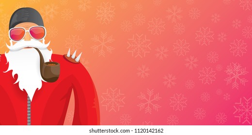 vector DJ rock n roll santa claus with smoking pipe, santa beard and funky hat isolated on pink christmas horizontal banner background with snowflakes. Horizontal Christmas hipster party poster