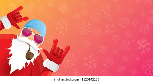 vector DJ rock n roll santa claus with smoking pipe, santa beard and funky hat isolated on pink christmas horizontal banner background with snowflakes. Horizontal Christmas hipster party poster