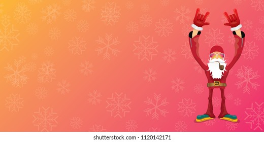 vector DJ rock n roll santa claus with smoking pipe, santa beard and funky hat isolated on pink christmas horizontal banner background with snowflakes. Horizontal Christmas hipster party poster