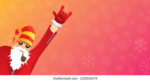 vector DJ rock n roll santa claus with smoking pipe, santa beard and funky hat isolated on pink christmas horizontal banner background with snowflakes. Horizontal Christmas hipster party poster
