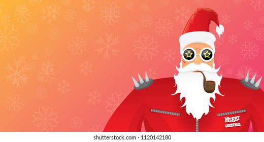 vector DJ rock n roll santa claus with smoking pipe, santa beard and funky hat isolated on pink christmas horizontal banner background with snowflakes. Horizontal Christmas hipster party poster